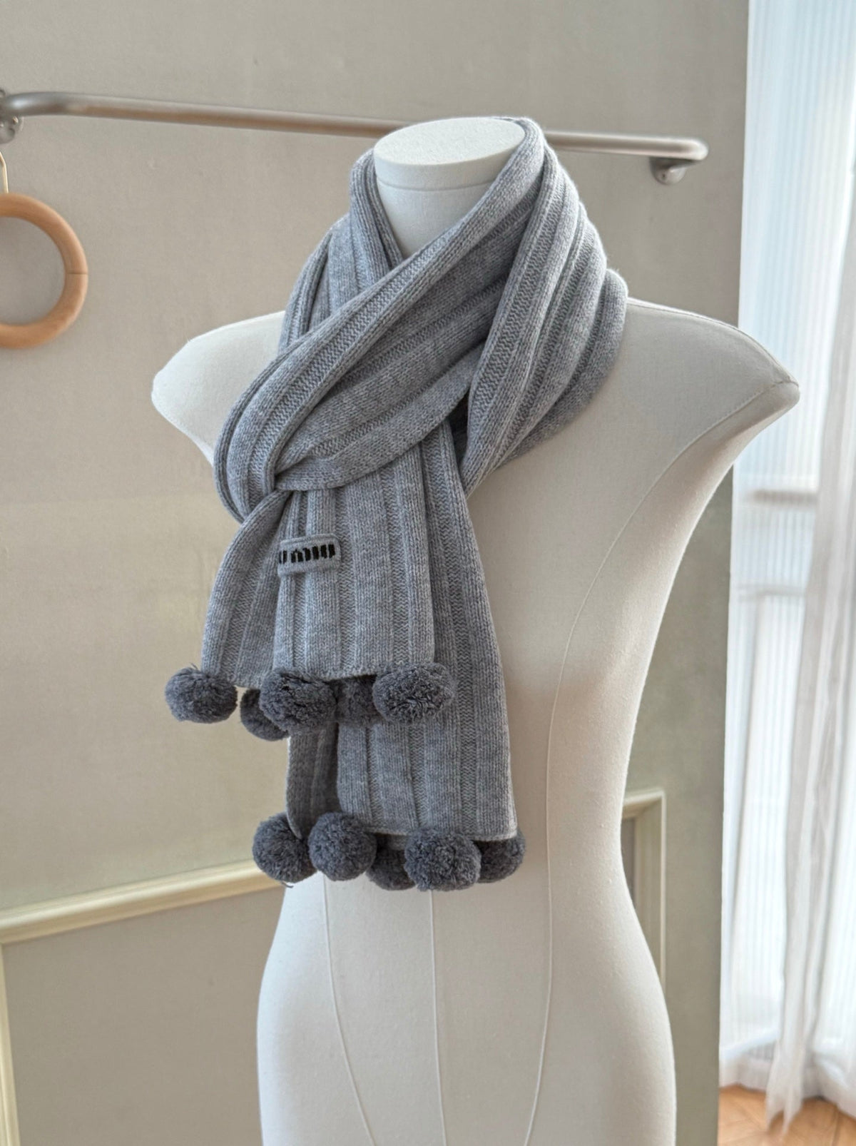 Miu Miu Style Pom-Pom Rib-Knit Scarf